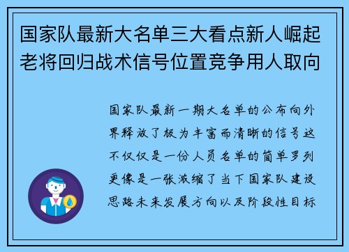 国家队最新大名单三大看点新人崛起老将回归战术信号位置竞争用人取向 国家队最新大名单三大看点新人崛起老将回归战术信号位置竞争用人取向